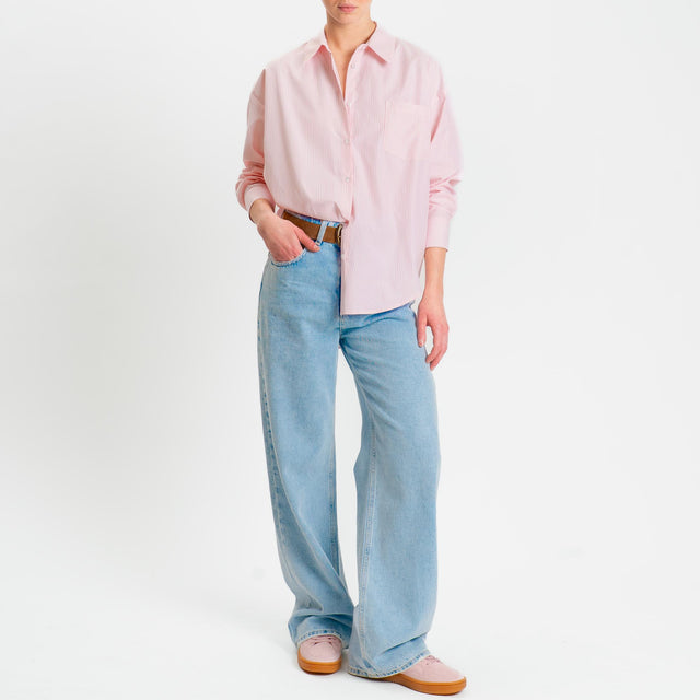 Tensione in-Camicia over con taschino in cotone - righe fine rosa/bianco