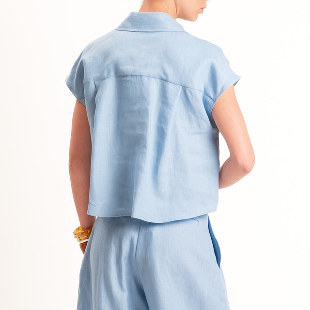Tensione in-Camicia smanicata 100% lino - celeste