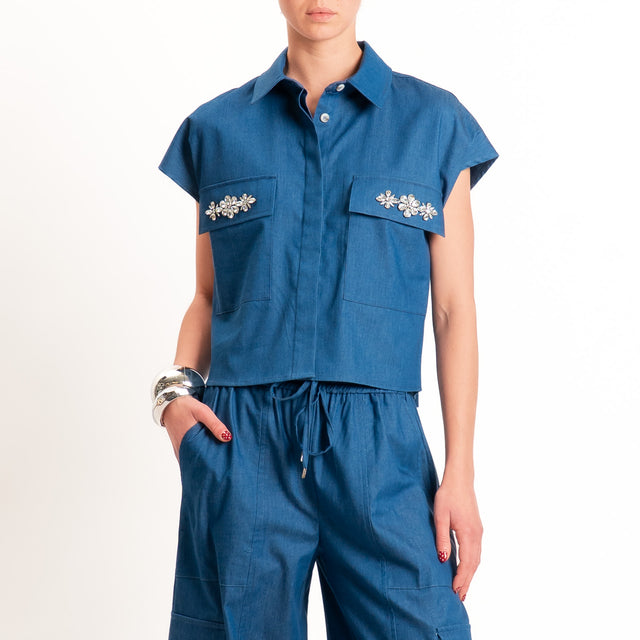 Tensione in-Camicia smanicata chambray dettaglio strass - denim