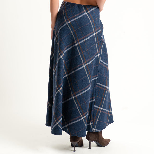 Tensione in-Gonna check misto lana elastico in vita - blu/cuoio/latte