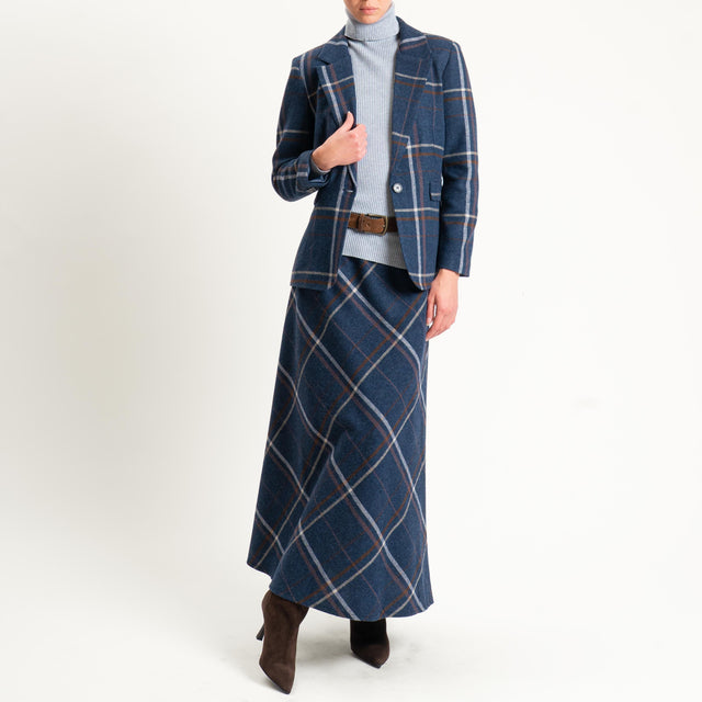 Tensione in-Gonna check misto lana elastico in vita - blu/cuoio/latte