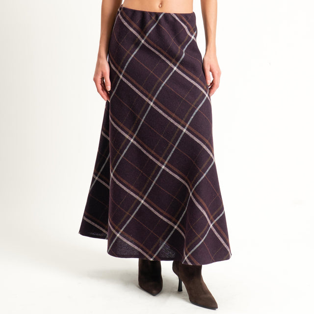 Tensione in-Gonna check misto lana elastico in vita - bordeaux/cuoio/latte