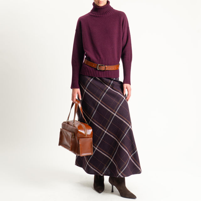 Tensione in-Gonna check misto lana elastico in vita - bordeaux/cuoio/latte