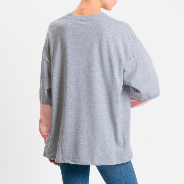 Tensione in-T-shirt doppio tessuto maniche camicie - grigio/rosa