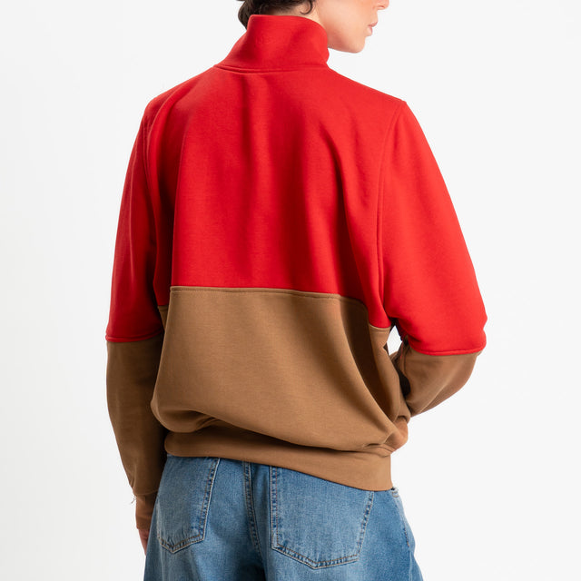 PRE ORDER 8/04 Tensione-Felpa bicolore con bottoni - rosso/cuoio