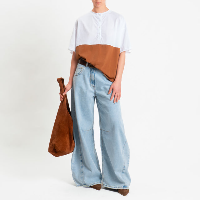 Tensione in-T-shirt serafino bicolore - bianco/cuoio