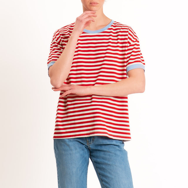 Tensione in-T-shirt in jersey a righe - celeste/rosso/panna