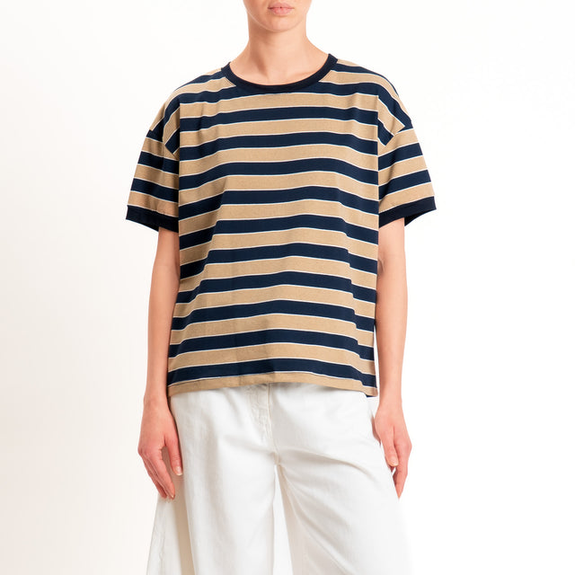 Tensione in-T-shirt righe cotone elasticizzato - beige/blu