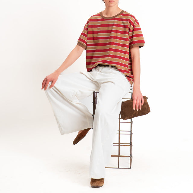 Tensione in-T-shirt righe cotone elasticizzato - tabacco/rosso