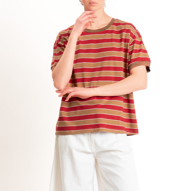 Tensione in-T-shirt righe cotone elasticizzato - tabacco/rosso