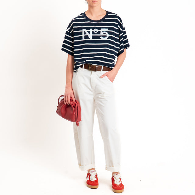 Tensione in-Maglia a righe punto spugna n5 - blu/panna