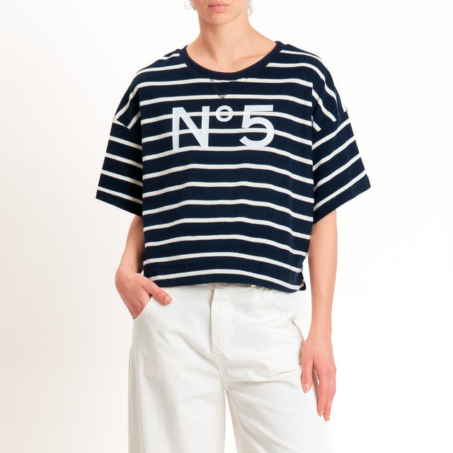 Tensione in-Maglia a righe punto spugna n5 - blu/panna