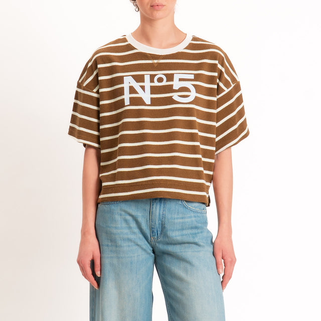 Tensione in-Maglia a righe punto spugna n5 - cammello/panna
