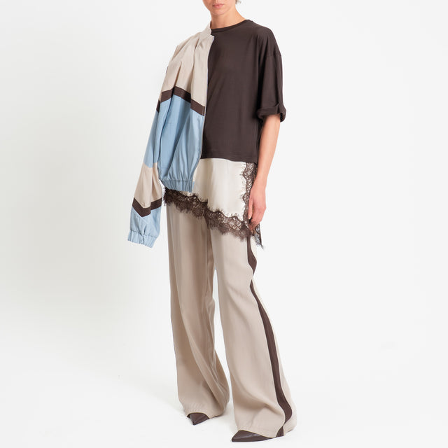 Tensione in-Pantalone cupro bande laterali - gesso/moro