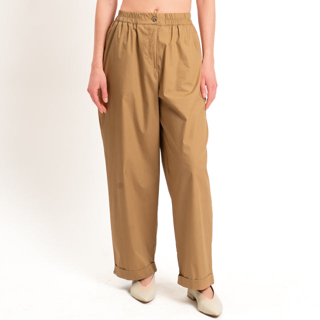 Tensione in-Pantalone popeline light elastico in vita - cognac