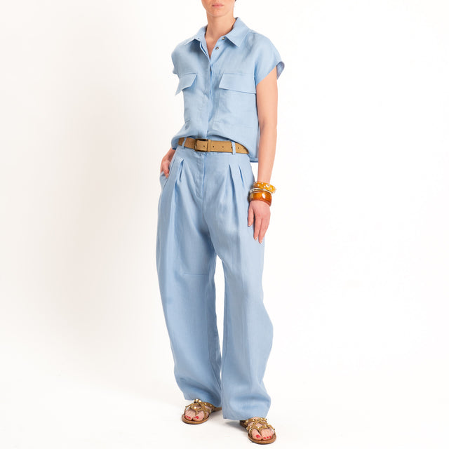 Tensione in-Pantalone barrel 100% lino - celeste