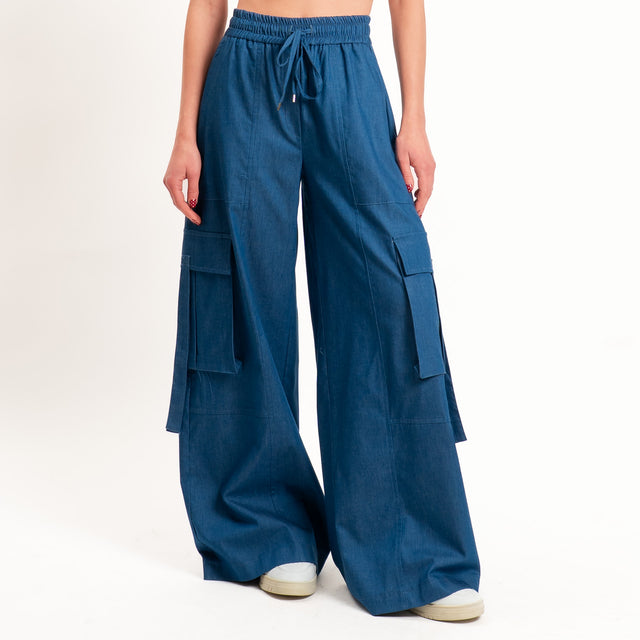 Tensione in-Pantalone cargo chambray elastico in vita - denim
