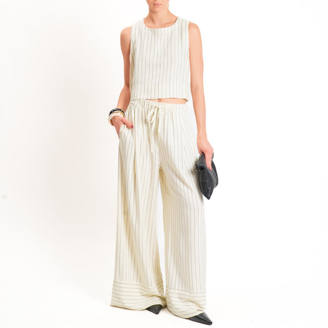 Tensione in-Pantalone gessato misto lino elastico - burro
