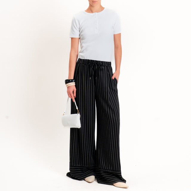 Tensione in-Pantalone gessato misto lino elastico - nero