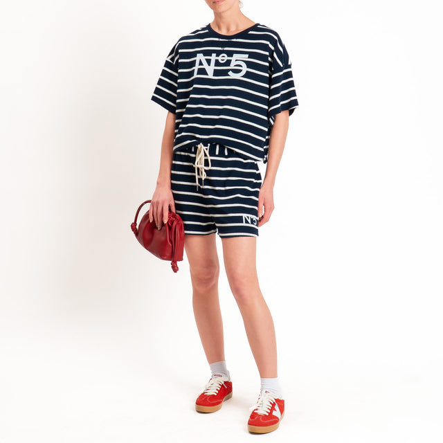Tensione in-Shorts a righe punto spugna n5 - blu/panna