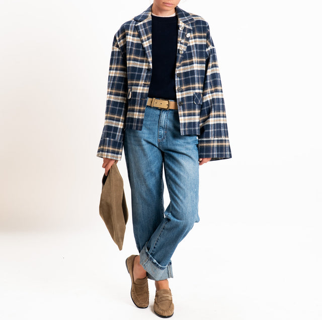 Tensione in-Giacca check in flanella con spille cabochon - blu/latte/beige