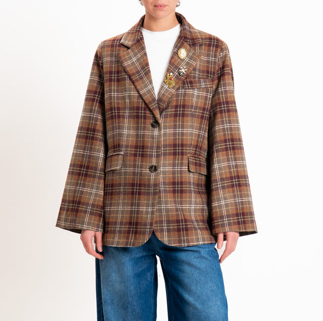 Tensione in-Giacca check in flanella con spille - bordeaux/cuoio/militare