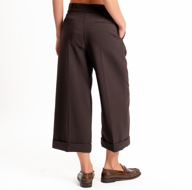 Tensione in-Pantalone doppio crêpe con risvolto - moro