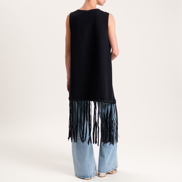 Tensione in-Gilet misto lino con frange - nero