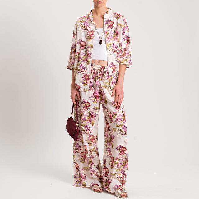 Camisa de lino en mezcla de algodón con estampado floral - color mantequilla/cereza/salvia