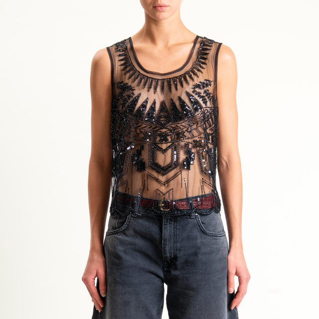 Tensione in-Top tulle con applicazioni - nero