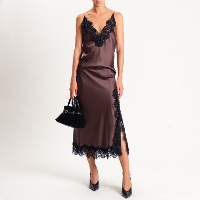 Tensione in-Gonna satin elastico in vita con pizzo - ebano