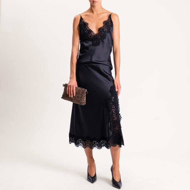 Tensione in-Gonna satin elastico in vita con pizzo - nero