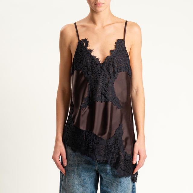 Tensione in- Top asimmetrico satin con pizzo - moro/nero