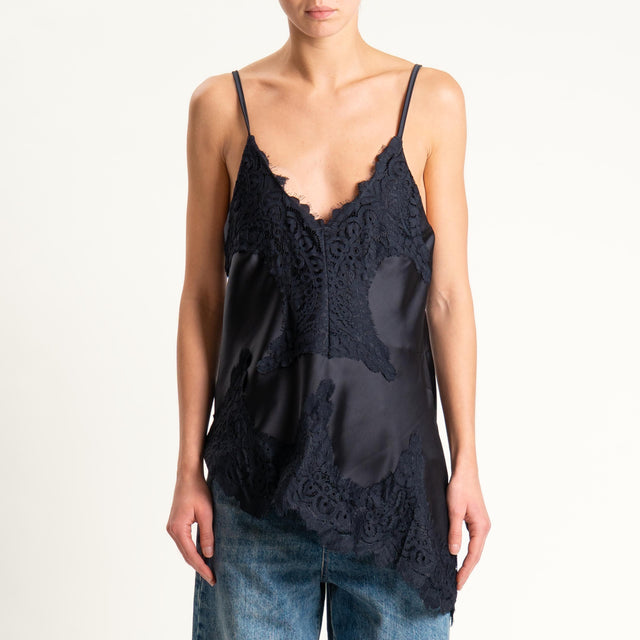 Tensione in- Top asimmetrico satin con pizzo - nero/nero