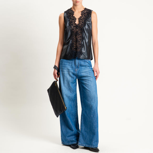 Tensione in-Top similpelle con pizzo - nero