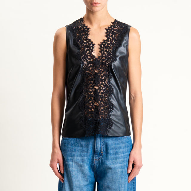 Tensione in-Top similpelle con pizzo - nero