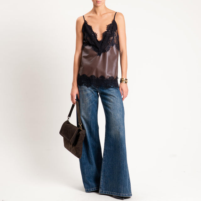 Tensione in- Top similpelle con pizzo bretelle regolabili - moro