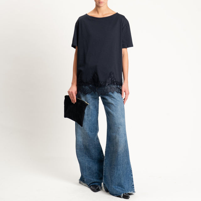 Tensione in-T-shirt scollo barca con pizzo - nero