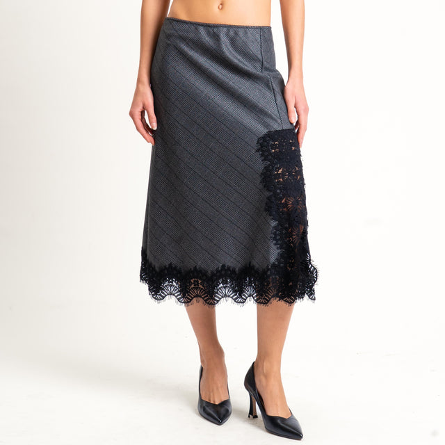 Tensione in- Gonna principe di galles con pizzo spacco laterale - grigio