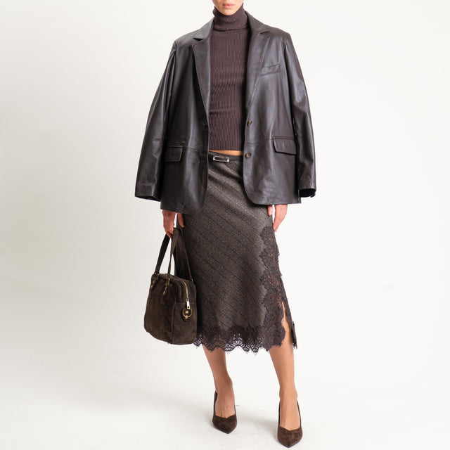 Tensione in- Gonna principe di galles con pizzo spacco laterale - moro