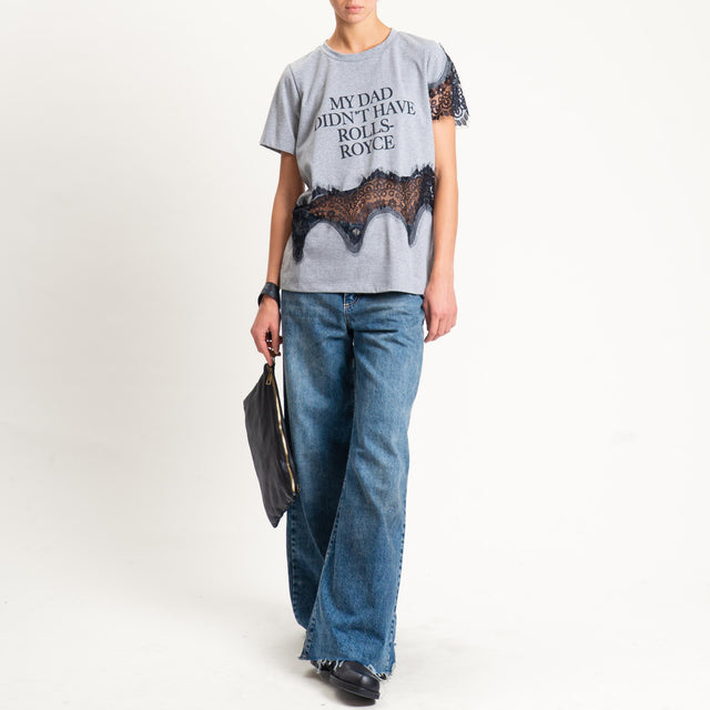 Tensione in-T-shirt con scritta + pizzo - grigio/nero