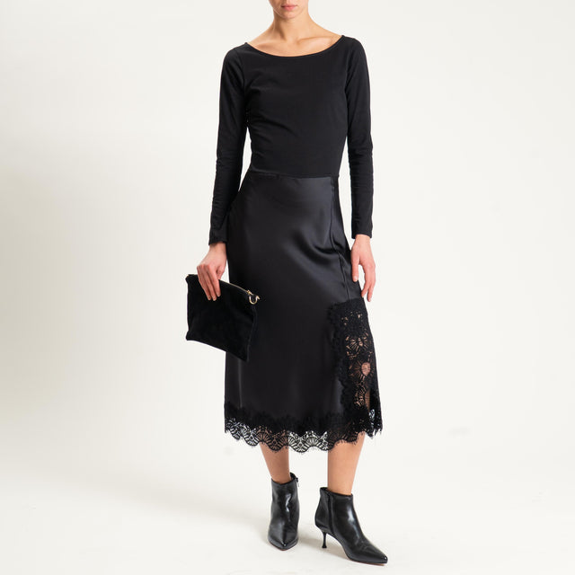 Tensione in- Abito doppio tessuto satin con pizzo - nero/nero
