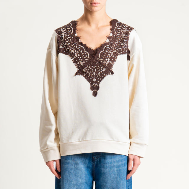 Tensione in-Felpa scollo v con pizzo - crema/moro