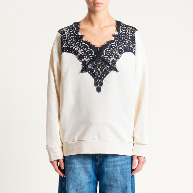 Tensione in-Felpa scollo v con pizzo - crema/nero