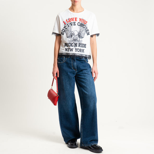 Tensione in-T-shirt stampa aquila con pizzo - panna/nero