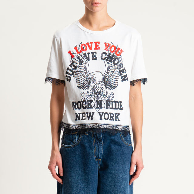 Tensione in-T-shirt stampa aquila con pizzo - panna/nero