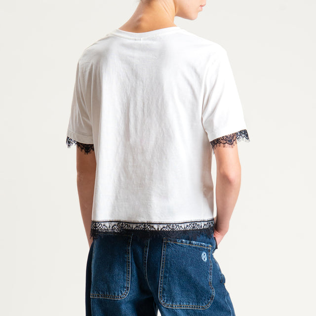 Tensione in-T-shirt stampa aquila con pizzo - panna/nero