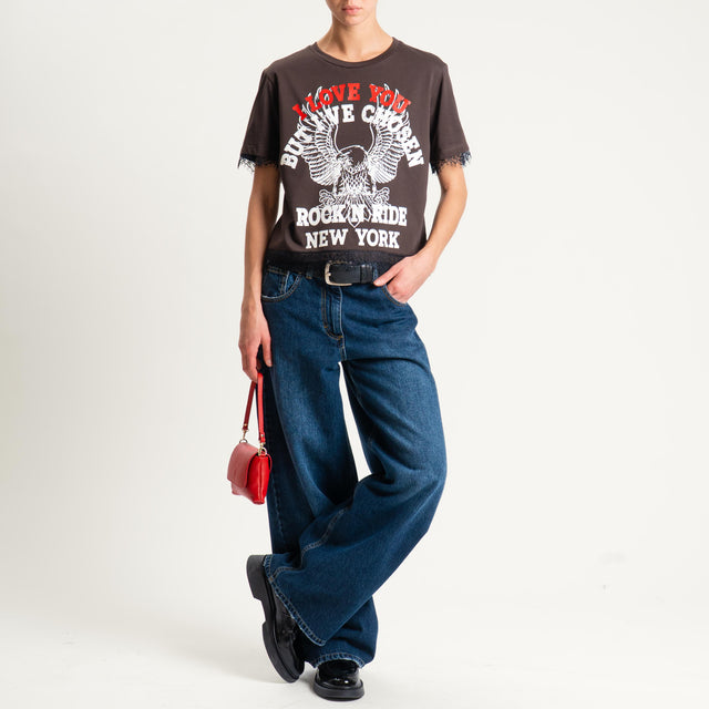 Tensione in-T-shirt stampa aquila con pizzo - moro/nero
