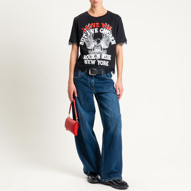 Tensione in-T-shirt stampa aquila con pizzo - nero/nero