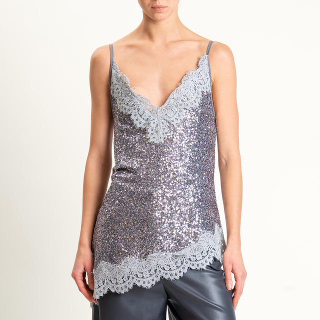 Tensione in-Top asimmetrico paillettes con pizzo - argento